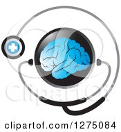 Poster, Art Print Of Round Black Icon With A Blue Brain And Medical Stethoscope
