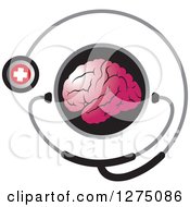 Poster, Art Print Of Round Black Icon With A Pink Brain And Medical Stethoscope
