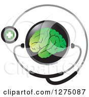 Poster, Art Print Of Round Black Icon With A Green Brain And Medical Stethoscope