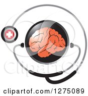 Poster, Art Print Of Round Black Icon With A Red Brain And Medical Stethoscope