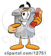 Garbage Can Mascot Cartoon Character Holding A Telephone