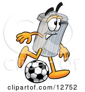 Garbage Can Mascot Cartoon Character Kicking A Soccer Ball
