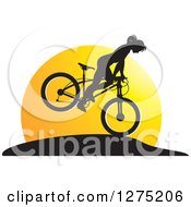 Poster, Art Print Of Silhouetted Female Mountain Biker Jumping Against A Sunset