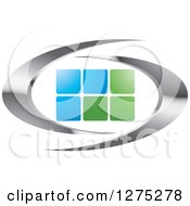 Clipart Of Silver Swooshes With Green And Blue Tiles Or Windows Royalty Free Vector Illustration