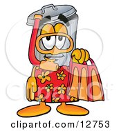 Garbage Can Mascot Cartoon Character In Orange And Red Snorkel Gear