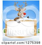 Poster, Art Print Of Christmas Red Nosed Reindeer Over A Wood Sign In The Snow
