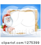 Clipart Of Santa Claus Smiling And Pointing Around A Blank Christmas Sign In The Snow During The Day Royalty Free Vector Illustration