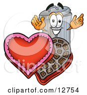 Garbage Can Mascot Cartoon Character With An Open Box Of Valentines Day Chocolate Candies