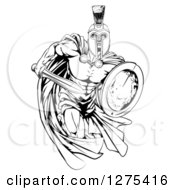 Poster, Art Print Of Black And White Muscular Spartan Man In A Cape Running With A Sword And Shield