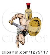 Muscular Gladiator Man In A Helmet Running With A Sword And Shield