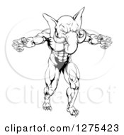 Clipart Of A Black And White Muscular Aggressive Elephant Man With Claws Standing Upright Royalty Free Vector Illustration