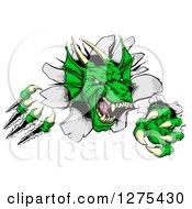 Poster, Art Print Of Fierce Green Dragon Mascot Head Shredding Through A Wall