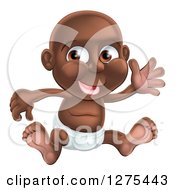 Poster, Art Print Of Happy Black Baby Boy In A Diaper Sitting And Waving