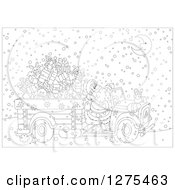 Poster, Art Print Of Black And White Santa Claus Driving A Truck Full Of Christmas Gifts And Toys Through The Snow On Christmas Eve Night