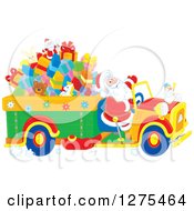 Poster, Art Print Of Santa Claus Driving A Truck Full Of Christmas Gifts And Toys