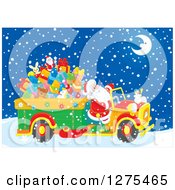 Poster, Art Print Of Santa Claus Driving A Truck Full Of Christmas Gifts And Toys Through The Snow On Christmas Eve Night