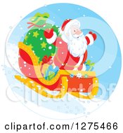 Clipart Of Santa Claus Flying Down A Hillside On A Sleigh Royalty Free Vector Illustration