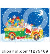 Poster, Art Print Of Santa Driving A Truck Full Of Christmas Gifts And Toys Through The Snow On Christmas Eve Night