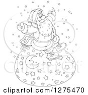 Poster, Art Print Of Black And White Cheerful Santa Claus Sitting On A Giant Christmas Sack In The Snow