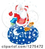 Poster, Art Print Of Cheerful Santa Claus Sitting On A Giant Christmas Sack In The Snow