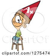 Poster, Art Print Of Happy Smart Caucasian Boy Wearing An Anti Dunce Hat And Sitting On A Stool
