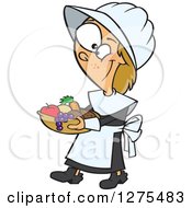 Cartoon Clipart Of A Happy Thanksgiving Pilgrim Caucasian Girl Carrying A Basket Of Fruit And Veggies Royalty Free Vector Illustration