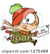 Poster, Art Print Of Happy Caucasian Boy Running With A Christmas Santa Letter