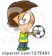 Poster, Art Print Of Happy Caucasian Boy Holding Out A Soccer Ball