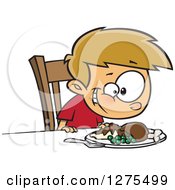 Poster, Art Print Of Happy Caucasian Boy Smiling Down At His Turkey Dinner