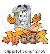 Garbage Can Mascot Cartoon Character With Autumn Leaves And Acorns In The Fall