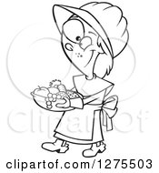 Poster, Art Print Of Black And White Happy Thanksgiving Pilgrim Girl Carrying A Basket Of Fruit And Veggies