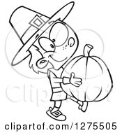 Poster, Art Print Of Black And White Happy Pilgrim Boy Carrying A Big Pumpkin