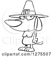 Cartoon Clipart Of A Black And White Thanksgiving Pilgrim Dog Royalty Free Vector Line Art Illustration