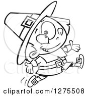 Cartoon Clipart Of A Black And White Happy Pilgrim Boy Leaping And Jumping Royalty Free Vector Line Art Illustration by toonaday