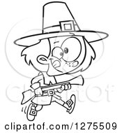 Cartoon Clipart Of A Black And White Pilgrim Boy Hunting With A Blunderbuss Royalty Free Vector Line Art Illustration by toonaday
