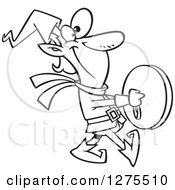 Cartoon Clipart Of A Black And White Happy Christmas Elf Marching And Playing The Cymbals Royalty Free Vector Line Art Illustration