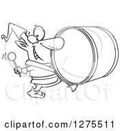 Cartoon Clipart Of A Black And White Happy Christmas Elf Marching And Playing The Drums Royalty Free Vector Line Art Illustration
