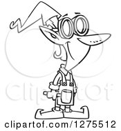 Cartoon Clipart Of A Black And White Happy Christmas Elf Worker With A Hammer And Goggles Royalty Free Vector Line Art Illustration