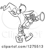Cartoon Clipart Of A Black And White Happy Christmas Elf Marching And Playing The Trumpet Royalty Free Vector Line Art Illustration