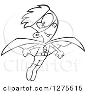 Cartoon Clipart Of A Black And White Happy Super Hero Boy Flying Royalty Free Vector Line Art Illustration