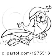 Cartoon Clipart Of A Black And White Happy Super Girl Holding Her Arms Out And Flying Royalty Free Vector Line Art Illustration