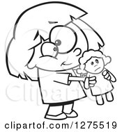 Cartoon Clipart Of A Black And White Sweet Girl Holding Out Her Doll Royalty Free Vector Line Art Illustration by toonaday
