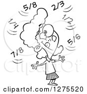 Cartoon Clipart Of A Black And White Happy School Girl Doing Fractions In Her Head Royalty Free Vector Line Art Illustration