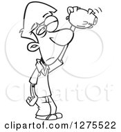 Cartoon Clipart Of A Black And White Broke Boy Shaking And Looking Into An Empty Piggy Bank Royalty Free Vector Line Art Illustration