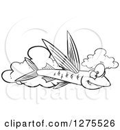 Black And White Happy Flying Fish Over Clouds