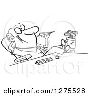 Black And White Happy Retired Businessman With Golf Clubs At His Side Throwing A Paper Plane At His Desk