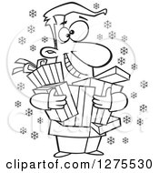 Poster, Art Print Of Black And White Happy Festive Man Holding Christmas Gifts