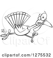 Cartoon Clipart Of A Black And White Scared Thanksgiving Turkey Bird Running Royalty Free Vector Line Art Illustration