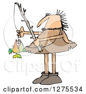Poster, Art Print Of Hairy Caveman With A Fishing Pole And His Monster Catch
