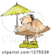 Hairy Caveman Holding A Club And Standing Under An Umbrella